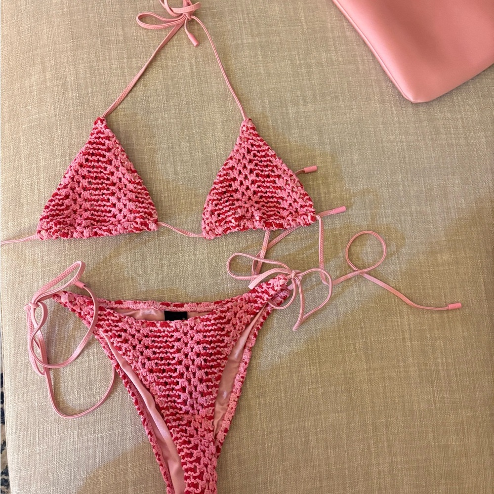 Triangl Pink and Red Crochet Bikini